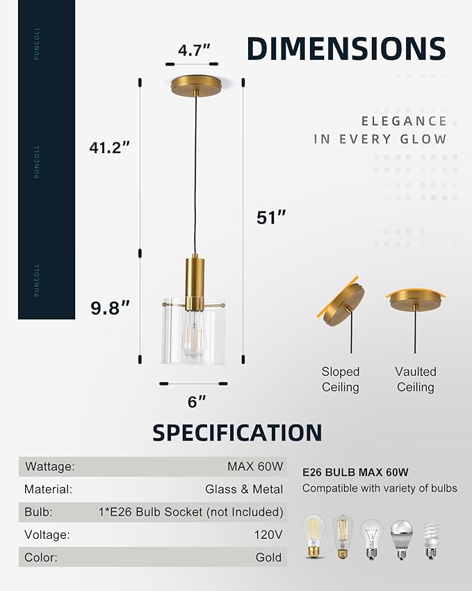 Gold Pendant Lights Kitchen Island - 1-Light Modern Mini Hanging Light Fixtures with Clear Glass - Kitchen Pendant Lighting Over Island for Sink, H3959-1-CLBG