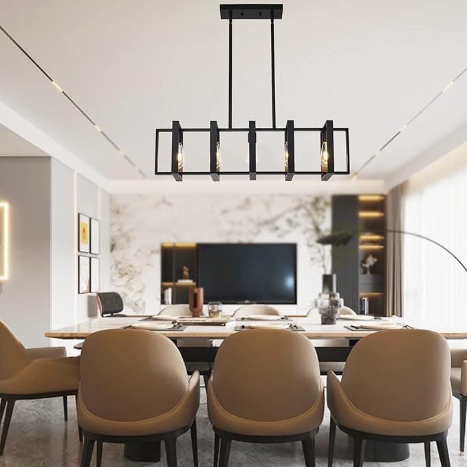 34.5 INCH Kitchen Island Chandeliers for Dining Rooms, Pendant Lighting Hanging Light Fixture Matte Black 5-Light Farmhouse Pendant Lightsfor Kitchen Island