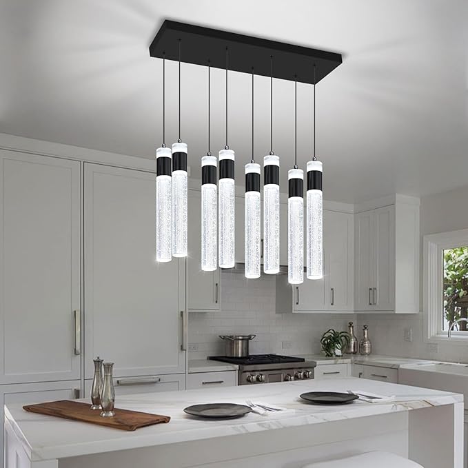 8-Lights Black Hanging Pendant Light for Kitchen Island Modern Dimmable LED Crystal Chandeliers for Dining Room Bedroom Living Room Over Table Adjustable Height