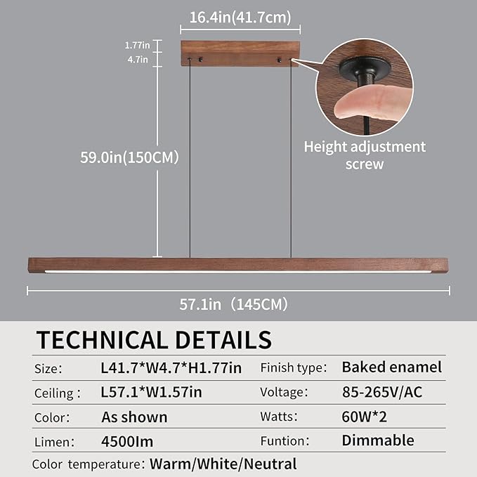 Linear Pendant Light, Modern Chandeliers for Dining Room, Dimmable Pool Table Island Lights for Kitchen, LED Ceiling Pendant Lamp for Dining Room Billiard Room, Adjustable Height,57in