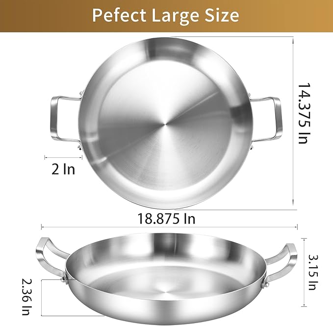 Inqibee 14 Inch Tri-Ply Stainless Steel Paella Pan with Lid,Large Skillet,Omelet,Griddle,Induction Cooking Pan,Dishwasher and Oven Safe.