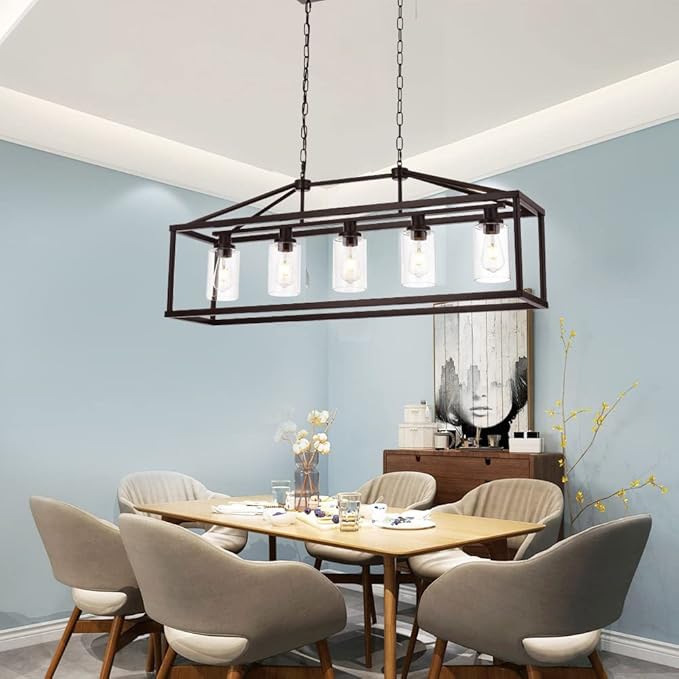 BONLICHT Industrial Rustic Farmhouse Chandelier 5 Light Modern Rectangle Dining Room Light Fixture Hanging Oil Rubbed Bronze Kitchen Island Cage Pendant Lighting with Clear Glass Shade for Hallway Bar