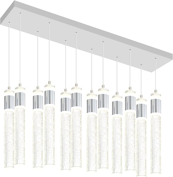 Glam Rectangular Crystal Column Chandelier for High Ceiling 12-Lights Silver LED Dimmable Pendant Light for Kitchen Island Dining Room Entrance Foyer Living Room Adjustable Height