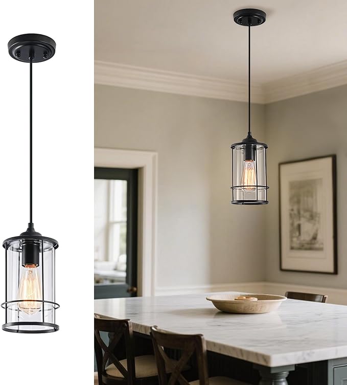 Black Pendant Light Kitchen Island Glass Pendant Light Fixture, Kitchen Hanging Lights with Clear Glass, Modern Farmhouse Cage Pendant Lights for Dining Room Hallway Bathroom