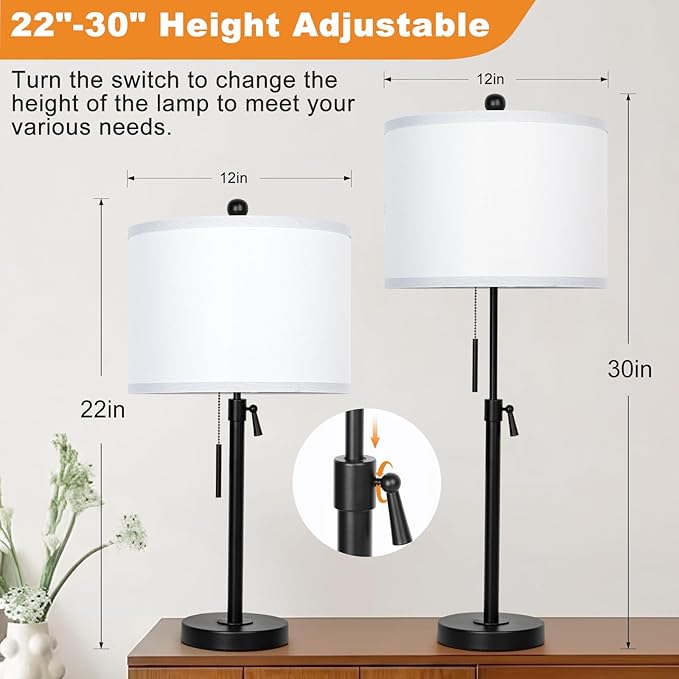 Table Lamps for Bedrooms Set of 2, 22" to 30" Height Adjustable Nightstand Lamps with Linen Shade, Pull Chain Switch Lamps for Living Room, 3 Way Dimmable Beside Lamp