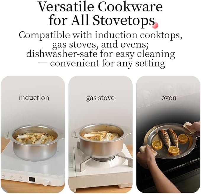 6-Piece Food-Grade 304 Stainless Steel Kitchenware Set (with Scratch-Resistant Finish), Heat-Resistant - Comes With Free Heat-Resistant Silicone Gloves And Lid Knobs, Suitable For Frying, Boiling