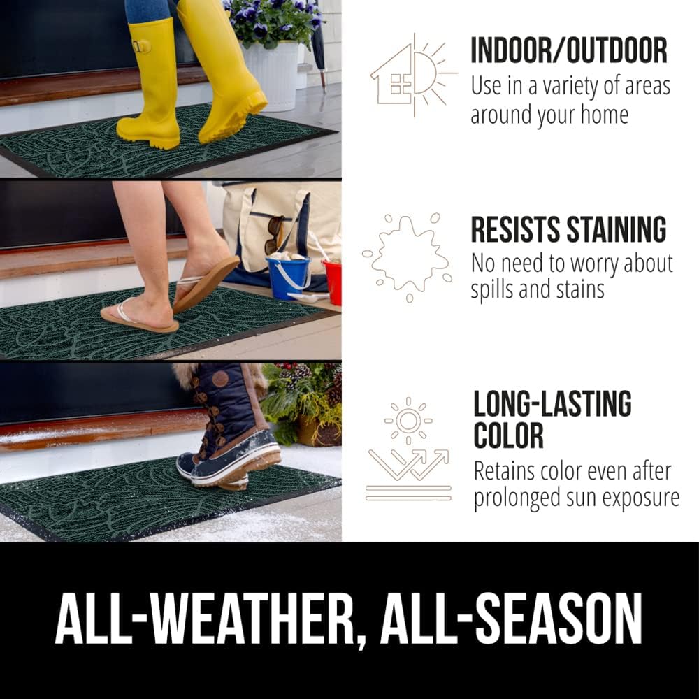 GORILLA GRIP 100% Waterproof All-Season WeatherMax Doormat, 72x24, US Designed Natural Rubber, Stain and Fade Resistant, Low Profile Indoor Outdoor Door Mats, Easy Clean Patio Mat, Green Palm