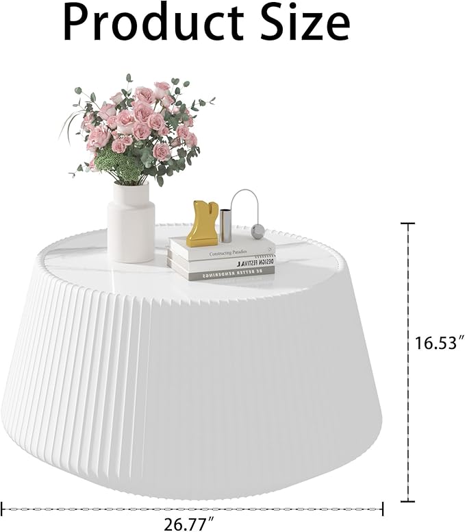 Round Living Room Table Set, 26.77" White Drum Center Table and 19.68" White Coffee Table Set, 2 Pieces Coffee Table Set with Sintered Stone Tabletop, Fluted PU Leather Covered and StableBase