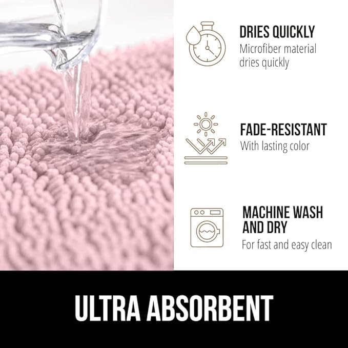 GORILLA GRIP Bath Rug Mat 60x24, Soft Absorbent Chenille, Quick Dry Microfiber Mats, Rubber Backing Washable Shower Floor Rugs, Bathmat Runner, US Designed Bathroom Home Decor Accessories Light Pink