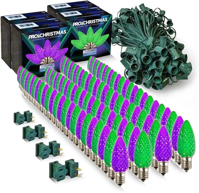 Pro Christmas C9 LED Christmas Light Kit for Rooflines & Pathways – DIY Cut to Length, Outdoor Commercial Grade (Green Wire w/Vampire Plugs, 100 Bulbs, 100 ft) Purple and Green