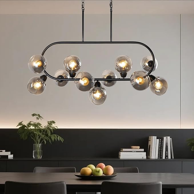 Black Chandelier for Dining Room Linear Island Lights for Kitchen 45'' Modern Large 11-Light Rectangular Chandeliers Over Island Farmhouse Glass Dining Room Pendant Light with Grey Glass Globe Shade