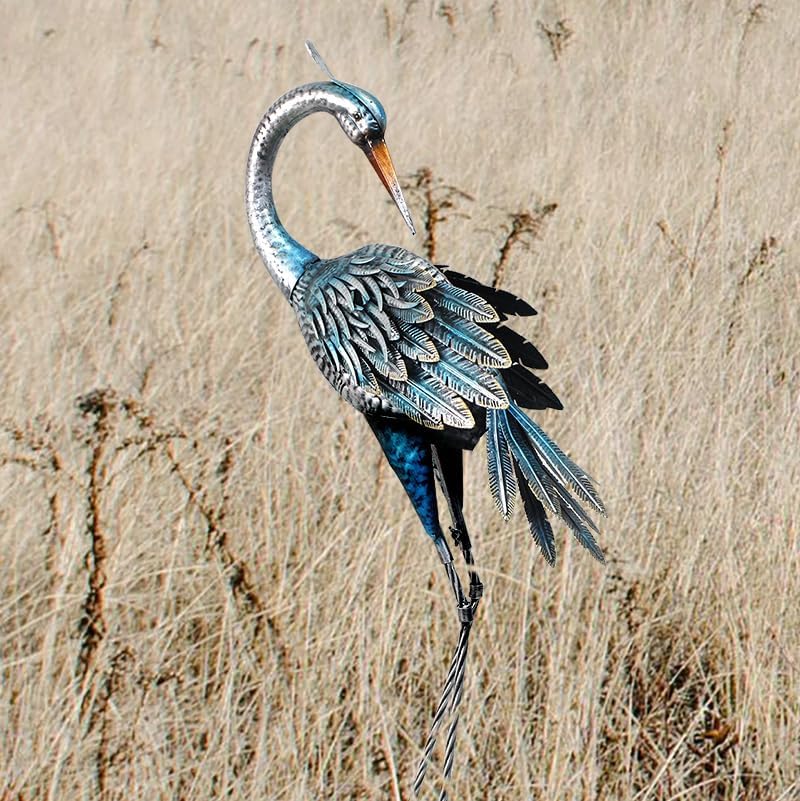 37 Inch Blue Heron Crane Statue, Metal Yard Art Outdoor Decoy, Garden Sculpture for Lawn/Pond Decoration, 1Pc, ORTBL-CR24053A-18