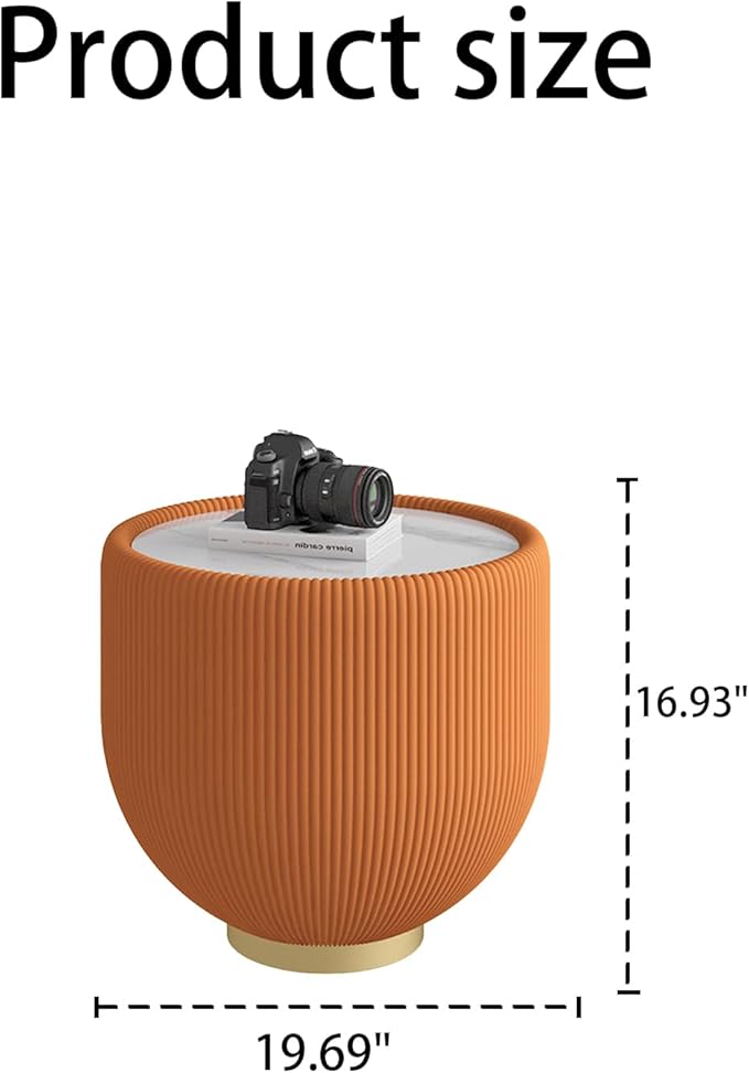 19.69" Orange Round Coffee Table, Drum Coffee Table with Sintered Stone Tabletop and Fluted PU Leather Covered and Metal Base, Circle Cocktail Tea Table for Living Room