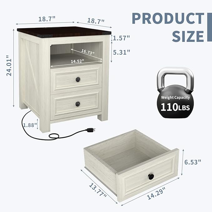 MUUEGM Farmhouse Nightstand with Charging Station, End Tables for Living Room, 18 Inch Bedside Table Side Table with Drawers and Storage Cabinet, Nightstand for Bedroom, White, Set of 1