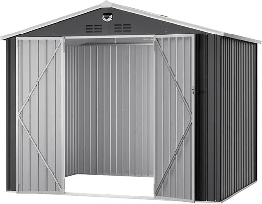 10x8 FT Outdoor Storage Shed, Metal Sheds & Outdoor Storage, Waterproof Sheds with Lockable Doors for Backyard (Black, No Window)
