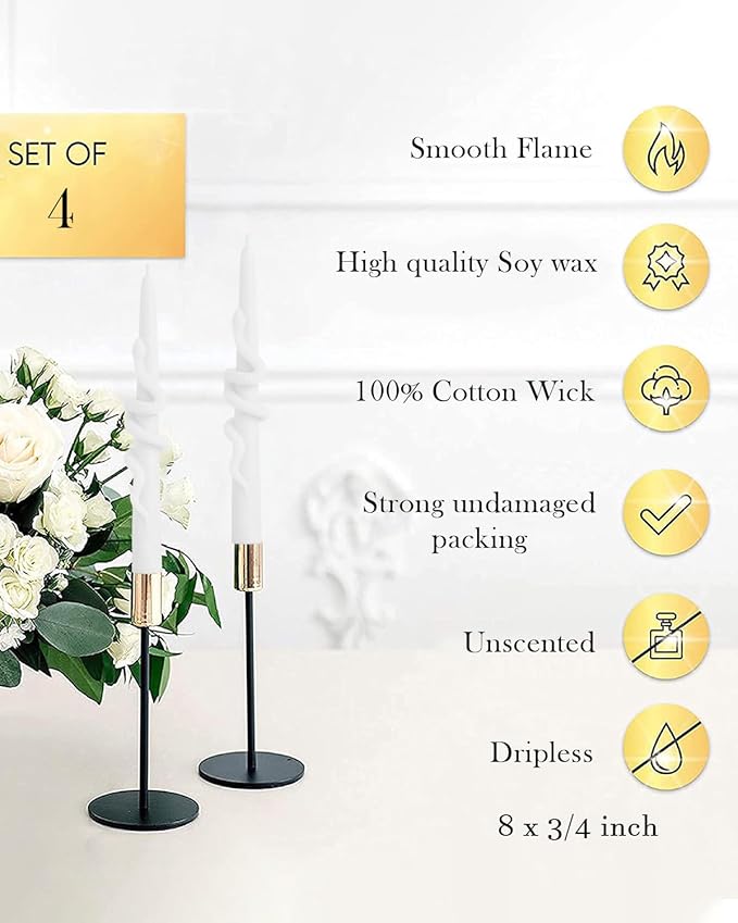 White Taper Candle Candlestick Snake Soy Candles Unscented Wedding Party Wax Unscented Dinner Candle Dripless,8 inch,Set of 4,Snake