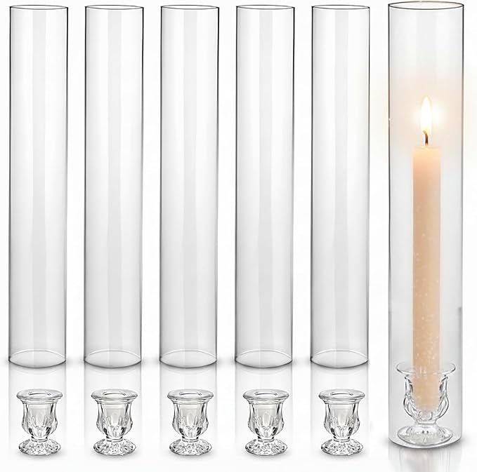 CHILL RECIPE Glass Hurricane Candlestick Holders Clear 12" Tall Cylinder Candleholder Chimney Tube, Floral Taper Crystal Candle Stick Holder for Birthday Wedding Christmas Home Decor(1 Set 6Pcs)