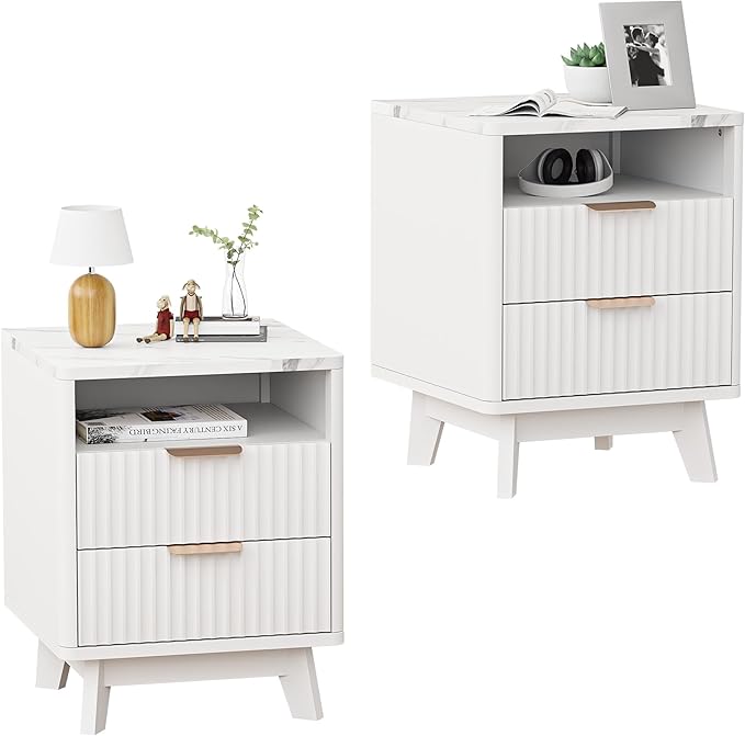 White Nightstand Set of 2, 18" Modern Night Stand with Faux Marble Top, Open Storage Shelf, Curved Edge Bedside Table for Bedroom, End Side Table