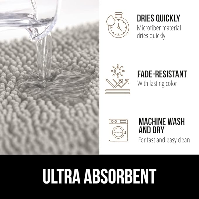 GORILLA GRIP Bath Rug Mat 30x20, Thick Soft Absorbent Chenille, Quick Dry Microfiber Mats, Rubber Backing Washable Shower Floor Rugs, US Designed Bathroom Bathmat Home Decor Accessories, Light Gray