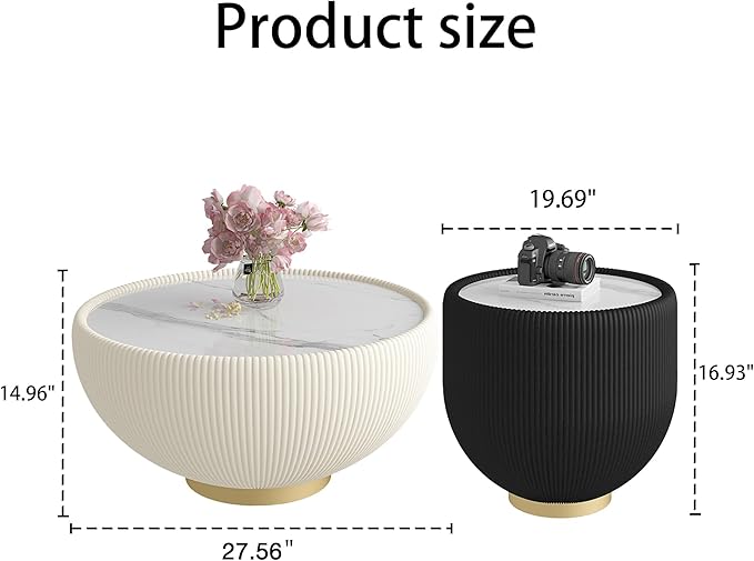 Round Living Room Table Set, 27.56" White Drum Center Table and 19.69" Black Center Table Set, 2 Pieces Coffee Table Set with Sintered Stone Tabletop, Fluted PU Leather Covered and Metal Base