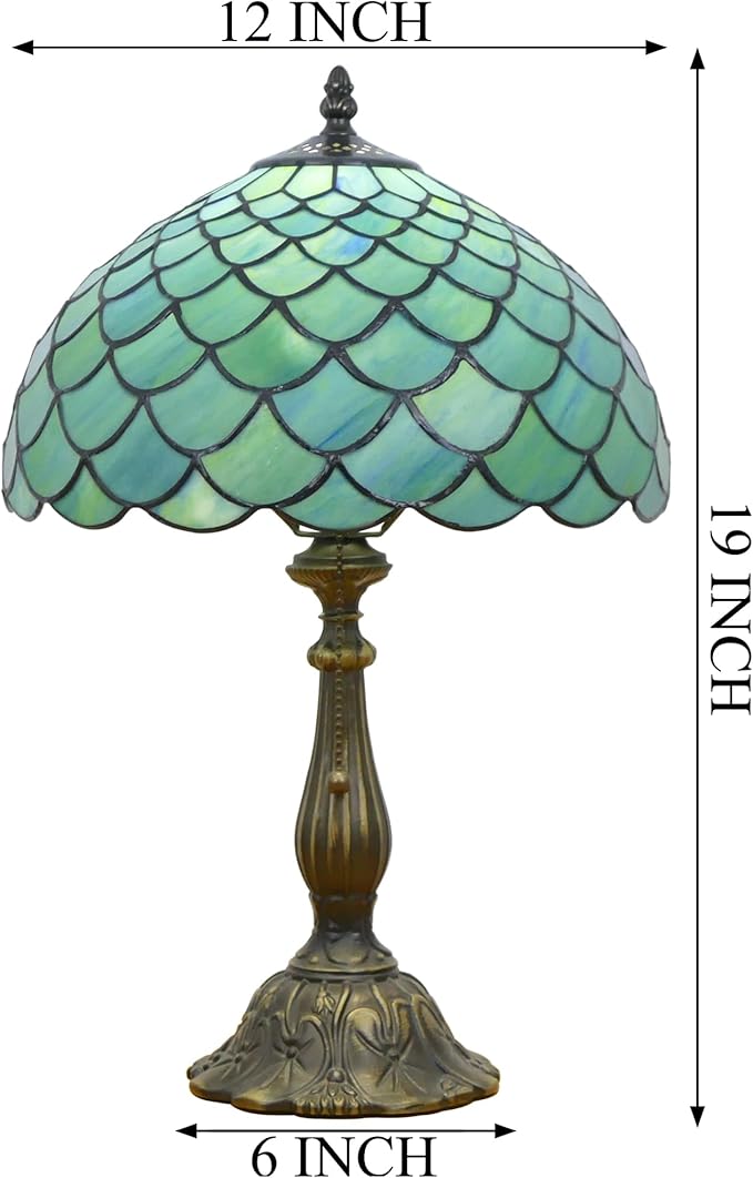 Tiffany Lamp Stained Glass Table Lamp Antique Bedside Reading Light W12H19 Inches (Fishscale Style)
