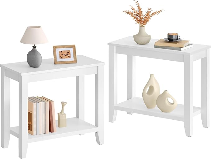 Hoctieon End Table with Double Storage Shelves, Sturdy Wooden Side Table for Living Room, Bedroom, Modern Nightstand Sofa Table for Small Spaces, White, Set of 2