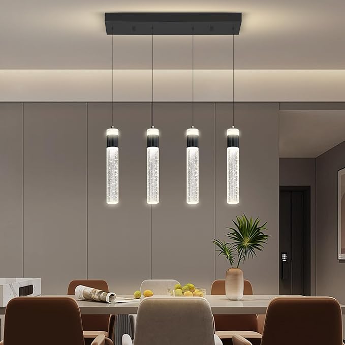 Dimmable 4-Light Pendant Lights Kitchen Island Modern LED Crystal Ceiling Light for Dinning Room Living Room 32W Black
