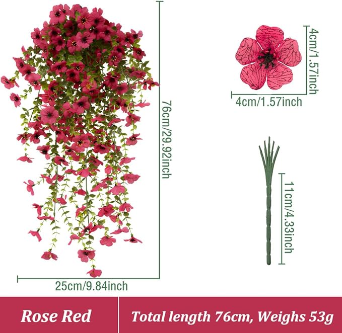 EROCK Artificial Flowers for Outdoors, 4PCS Fake Silk Hanging Flowers for Decoration UV & Fading Resistant, Realistic Faux Plants & Flowers for Porch Patio Balcony Window Box Home Decor (Rose Red)
