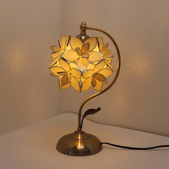 Bieye L11029 Tiffany Style Stained Glass Flower Petal Table Lamp with Brass Base for Home Décor (Cream, 8" Rose Lily)