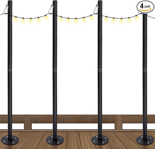 4 Pack 10 Ft String Light Poles for Outdoor String Lights, Heavy Duty Metal Outdoor Light Poles for Deck, Backyard, Garden, Patio, Wedding, Party