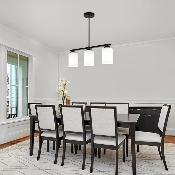 3-Light Modern Island Lights for Kitchen, Black Dining Room Light Fixtures Farmhouse Linear Chandeliers Over Table, White Frosted Glass Adjustable Hanging Light Kitchen Pendant Lighting Over Island