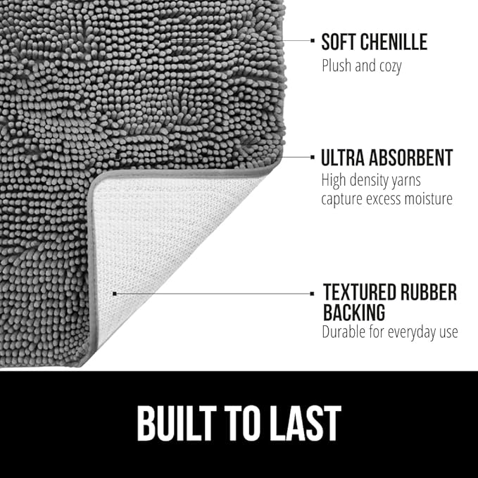 GORILLA GRIP Bath Rug Mat, Thick Soft Absorbent Chenille, Quick Dry Microfiber Mats, Rubber Backing Washable Shower Floor Rugs, US Designed Bathroom Bathmat Home Decor Accessories, 24x17, Grey