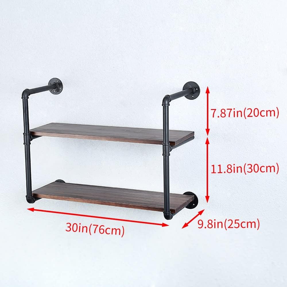 Industrial Pipe Shelving Wall Mounted,30in Rustic Metal Floating Shelves,Steampunk Real Wood Book Shelves,Wall Shelf Unit Bookshelf Hanging Wall Shelves,Farmhouse Kitchen Bar Shelving(2 Tier)