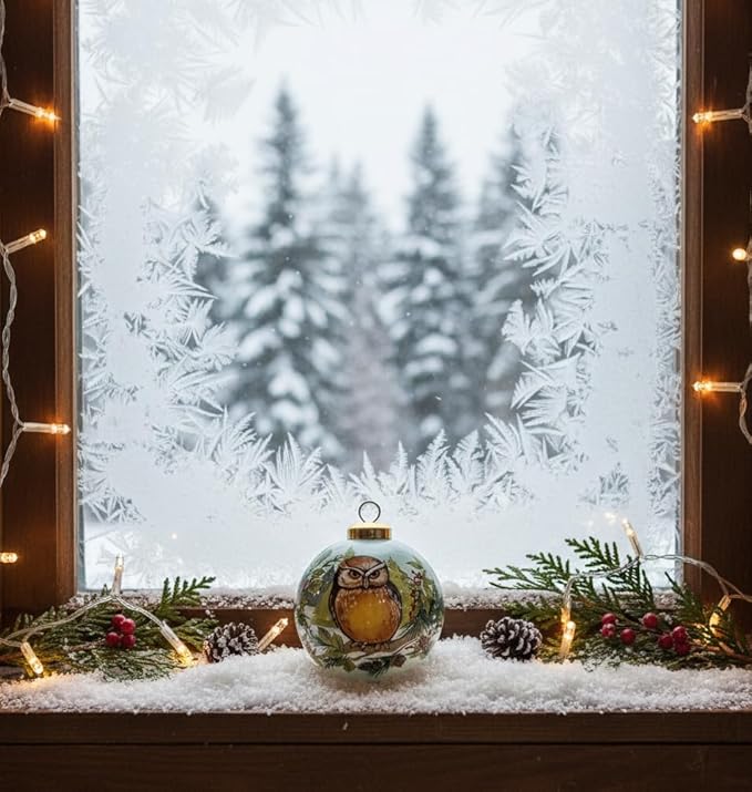 Hand-Painted Glass Owl Ornament – Woodland Forest Bird Collectible with Evergreen Tree Backdrop – Winter Wildlife Christmas Decoration – 3” Round Reverse-Painted Ornament with Gift Box