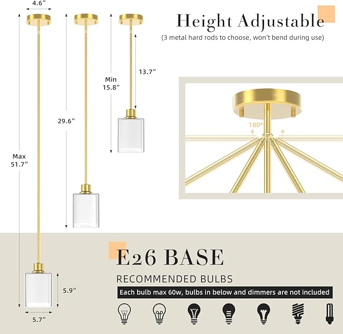 Pendant Light Kitchen Island Lighting 2 Pcs, Height Adjuatable Rod Clear Dual Glass - with 3 Color Temperatures Bulb & Remote Control, Farmhouse Hanging Lighting Fixture for Dining Room Bedroom