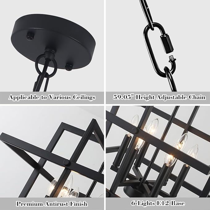 22.04" Modern Black Chandelier Geometric Pendant Light Fixture Hanging Industrial Farmhouse Chandeliers for Dining Room Kitchen Island Living Room Entryway Foyer Hallway 6 Light