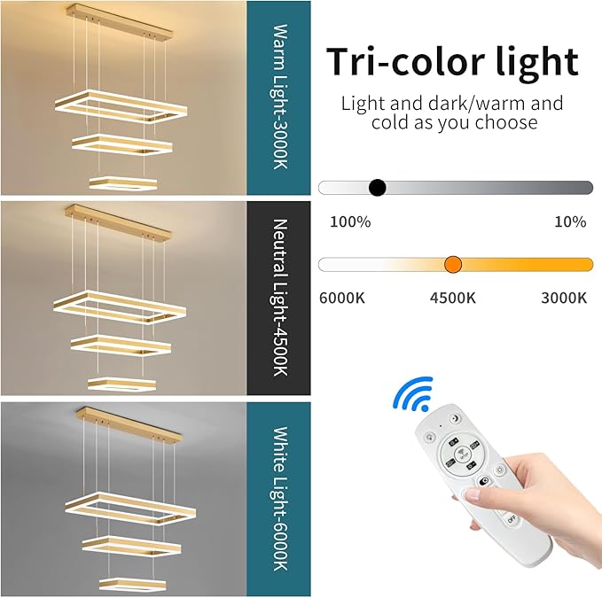 Modern Ceiling Pendant Light, LED Chandelier with Remote Control Dimmable 3 Color Mode & Brightness, Anti-Flicker Pendant Lights Kitchen Island Light Fixture for Dining Room Living Room