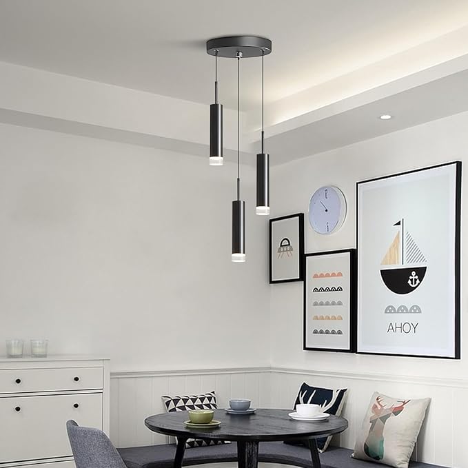 KCO Lighting Modern Black 3-Light LED Cylinder Pendant Light Contemporary Adjustable Kitchen Island Cluster Pendant Lighting Nordic Round Metal Long Tube Hanging Ceiling Pendant Lights