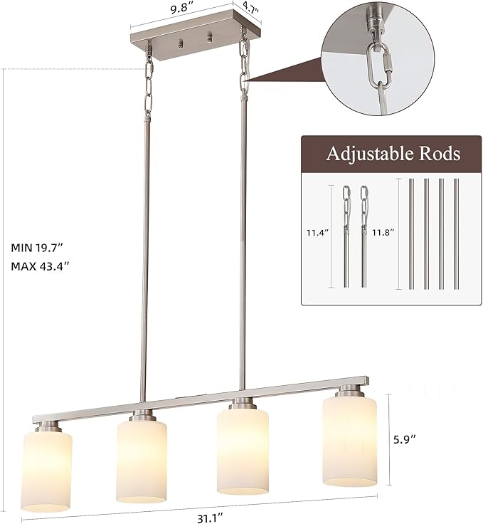 Island Light for Kitchen, Brushed Nickel Dining Room Light Fixture Over Table with Milk Glass Shade, 5-Light Linear Chandelier Pendant Lighting for Dining Table Kitchen Island Living Room