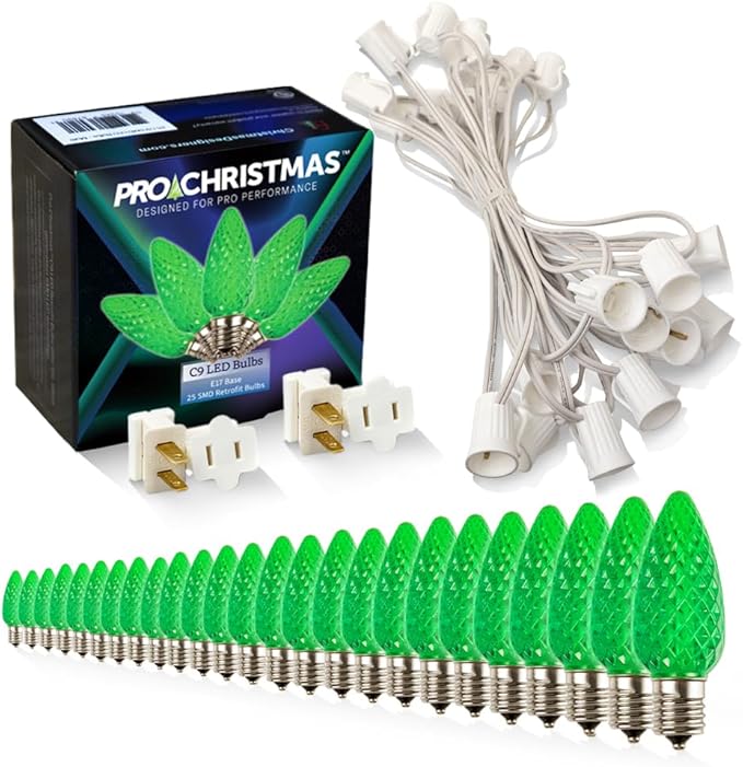 Pro Christmas C9 LED Christmas Light Kit for Rooflines & Pathways – DIY Cut to Length, Outdoor Commercial Grade (White Wire w/Vampire Plugs, 25 Bulbs, 25 ft) Green