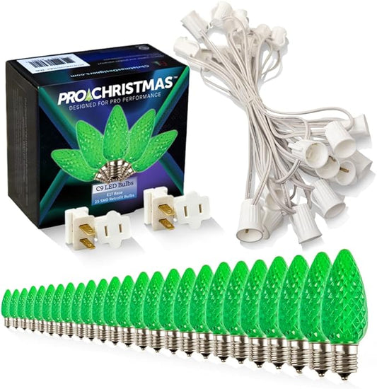 Pro Christmas C9 LED Christmas Light Kit for Rooflines & Pathways – DIY Cut to Length, Outdoor Commercial Grade (White Wire w/Vampire Plugs, 25 Bulbs, 25 ft) Green