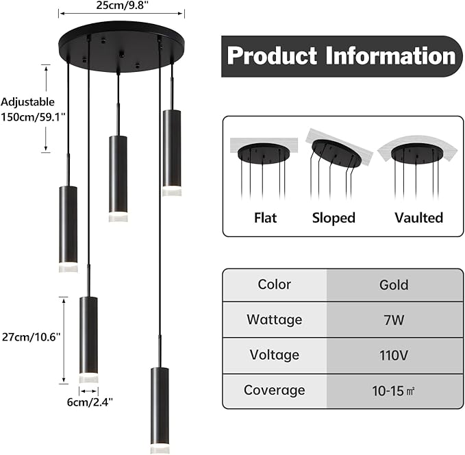 KCO Lighting Black Cluster Pendant Light Fixture Industrial Stairway Chandelier Lighting Cylinder Pendant Lights Kitchen Island Farmhouse Dining Room Light Fixtures