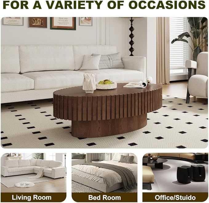 Oval Drum Coffee Table 43.3" Wooden Coffee Tables Modern Handcrafted Fluted Drum Center Table Farmhouse Tea Table with Pedestal for Living Room Small Space,Oval Brown 43.3"