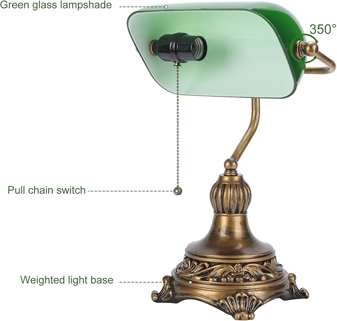 NISSAFORS Bankers Lamp with Pull Switch, Green Glass Desk Lamp with Retro Black/Gold Finish, Vintage Table Lamps for Living Room, Library, Piano(Green)