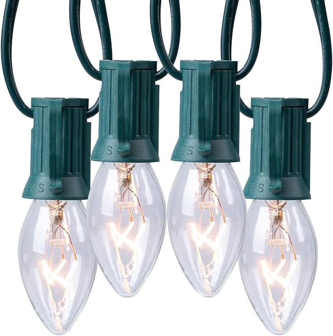 Minetom C9 Clear Christmas String Light Set, 25 Feet Vintage Christmas Tree Lights, Outdoor Roofline String Lights with 25 Clear Bulbs for Patio Garden Holiday, Green Wire-4