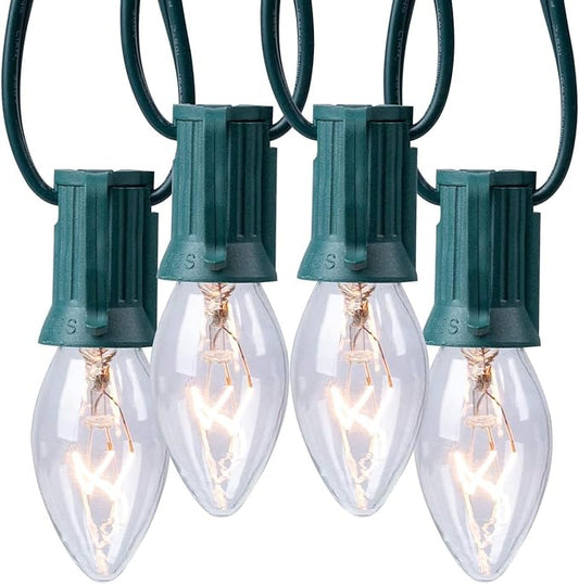 Minetom C9 Clear Christmas String Light Set, 25 Feet Vintage Christmas Tree Lights, Outdoor Roofline String Lights with 25 Clear Bulbs for Patio Garden Holiday, Green Wire-4