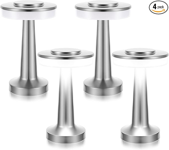Riakrum 4 Pcs LED Portable Cordless Table Lamp with Touch Sensor 3 Color Stepless Dimming Rechargeable Battery up to 15 Hours Cordless Table Light Wireless Lamp for Nursery (Silver)