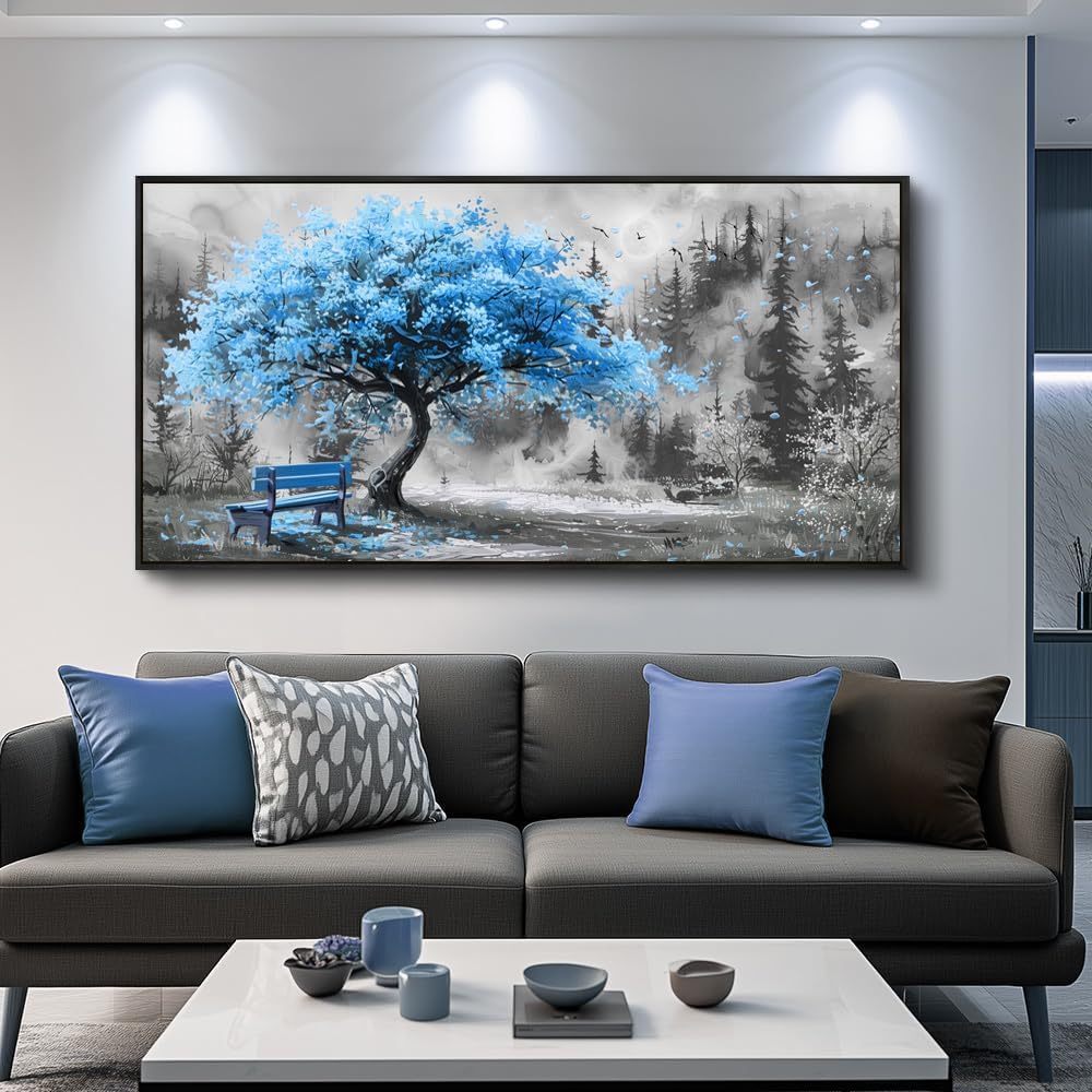 ZUITINGHUA Large Black Framed Wall Decor For Living Room Canvas Wall Art For Office Modern Wall Decorations For Bedroom Blue Tree Landscape Paintings Black And White Pictures Home Decor 24x48 In