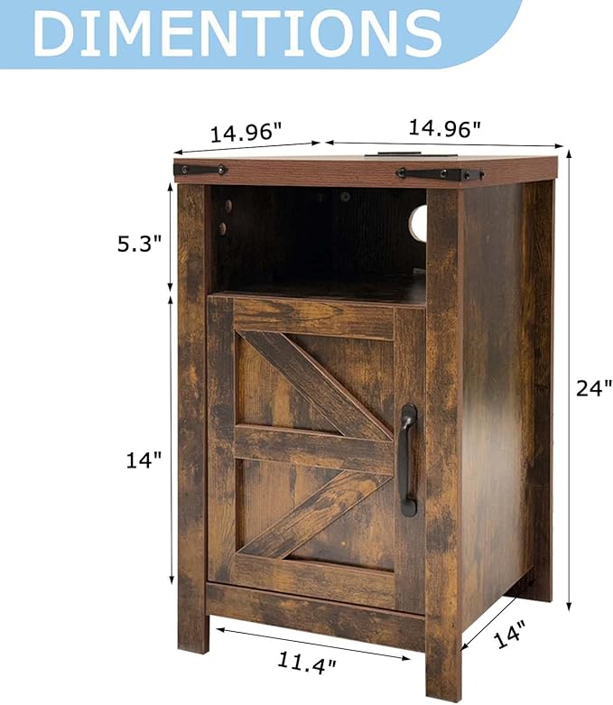 Brown Farmhouse Nightstand Set of 2, Rustic End Table with Barn Door and Shelf, Bedside Table with Charging Station for Living Room, Bedroom