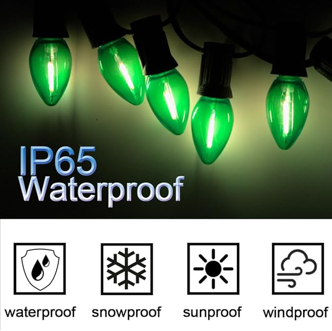 NETEHA 25 Pack C7 Green Led Replacement Christmas Light Bulb, C7 E12 Base 120V Waterproof Led Bulbs for Christmas Outdoor String Lights, Halloween Decoration Bulb
